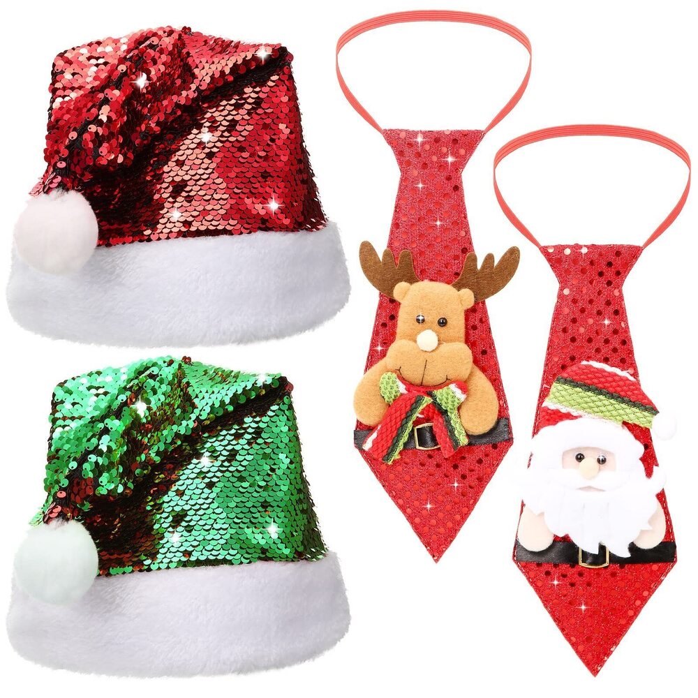 6299 4 Pcs Christmas Holiday Hats and Ties - Shiny Sequins Santa Hat